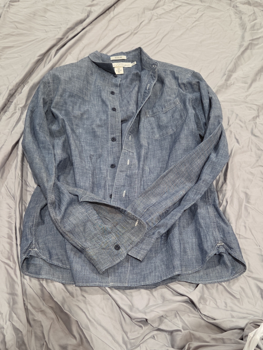 H&M Men's Chambray Band-Collar Button-Down Shirt in Blue